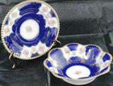 Victorian Antique Unmarked Hand Painted Cobalt Blue with Roses Plate & Vegetable Bowl