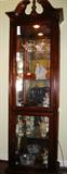 Mahogany Broken Arch Drown with turned Center Finial, Bevel Glass Door (2) Display/Curio Cabinet with adjustable glass shelves. 1 of 2