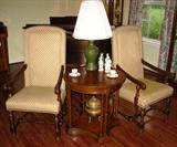 Pair Antique of Arched Back Upholstery Arm Chairs with turned legs and cross stretcher  - Round Bamboo design turned columns with solid base.  Also show is a brass Oriental Incense Burner