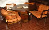 Barrel Pedestal Telescope Adjustable Round Game Table & a set of 4 Orange Upholstered ArmChairs