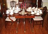 Mahogany Tri-Pedestal Drop Leaf Table with 2 Leaves and a set of 6 Mahogany Shield Back Chairs (1-Arm Chairs & 5 Side Chairs)