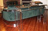 View of back of Milo Baughman Sofa with Chrome & Glass Sofa Table
