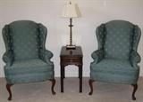 Pair Century Furniture Wing Back Chairs with Cabriole Legs, Century Furniture End Table and Brass Candlestick Lamp