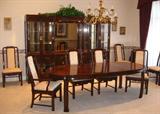 Master Woodworkers "Unique" Winston Salem NC Dinning Room Suite: China Cabinet 3-piece Wall Unit, Oval Dinning Table w/2 leaves, Custom Table Pads and 8 Chairs (2 arm chairs & 6 side chairs)