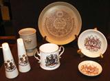 Charles & Diana Wedding Souvenir Plate: Honiton Pottery and Bridgwood Porcelain Plates, 1952-1977 Queen Elizabeth Silver Jubilee Pottery Pedestal tumbler,  Salt & Pepper Shakers and Royal Stafford Loving Cup