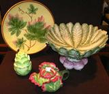 Zellbaden Germany Handpainted Porcelain Majolica Autumn Leaf Plate, Fitz & Floyd "Seeds of Spring" Turnip Pedestal Bowl, Cabbage Stackable Salt & Pepper Shakers, Andrea by Sadek Jay Willfred Cabbage Demitasse Teapot