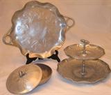 Vintage Hammered Aluminum: 13" Aluminum Tray w/Handles, Everlast Gourd Finial Covered Dish, Ornate 2-tier Tidbit Tray