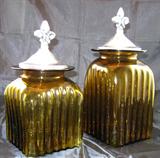 Amber Blown Glass Canister with Pewter Fleu Delis Finial Handle: 6" Ribbed Square 13" & 15" H