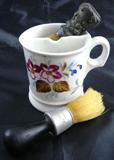 Antique Hand Painted Shaving Mug (4"H),  Antique Victorian Black Ornate Handle Shaving Brush (4") and Vintage "Mayd Well" 5 1/4" Wood Handle with Aluminum Band Shaving Brush