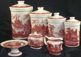 Reproduction Red Transferware Canister Set and Pedestal Bon-Bon, Madison Bay Sugar & Creamer