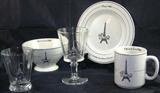 "Kiss That Frog" Eiffel Tower Dinnerware: 2 mugs, 2 salad plates & 3 Fruit/Dessert Bowls.  Eiffel Tower Glassware:  8 Goblets & 6 On the Rocks Tumblers