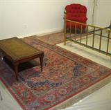 Karastan Rugs, Red Tufted Easy Chair, Brass King Size Bed and Mahogany Coffee table with Leather Insert Top