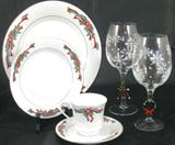 "Poinsettia & Ribbons" Christmas China: 4 piece Place Setting Sevice for 12