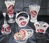 Byrdes Hofbauer Crystal Co. of West Germany Collection: Large Pedestal Vase, 8" Vase, Basket, Bell small 3-toed Bowl and Covered Heart Box. The Hofbauer Crystal Co. produced collectible lead crystal in the mid- to late 1900s. Though the company is now defunct, their lead crystal pieces have remained very popular.