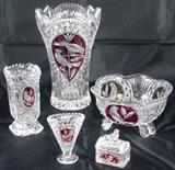 Byrdes Hofbauer Crystal Co. of West Germany Collection: Large Vase, Small Pedestal Vase, Small Fan Vase 3.5" H. Footed Bowl and Small Covered Box. The Hofbauer Crystal Co. produced collectible lead crystal in the mid- to late 1900s. Though the company is now defunct, their lead crystal pieces have remained very popular.