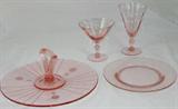 Pink Depression Era Crystal: Stemware, Center Handle Tidbit Tray and Salad Plates