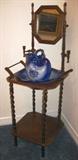 Antique Style Wash Bowl Stand with Turned Legs with Attached Candle Holders, Shaving Mirror and towel bars