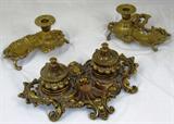 Solid Brass Candle Holders, Pair & Double Ink Well Desk Tray