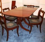 Mahogany Duncan Phyfe Style Tri-Pedestal Table with Set 6 Rose Back Chairs with Needle Point Seats