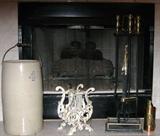 Antique 4 Gallon Bail Handle Crock Churn with Lid and Wood Dasher (not shown)
Vintage Metal Harp Music Sheet Caddy
Fireplace Tool Set