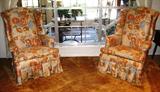 Pennsylvania House Kingston Wing Back Skirted Chairs with Rust/blue Floral Upholstery