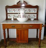 Antique Marble Top/Tile Back Washstand.  Drawer extents the width of wash stand with a lower single door cabinet