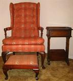 Beautiful Winged Tufted Back Arm Chair with Tufted Back and Cabriole Queen Anne Legs complete with matching Foot Stool.  Brandt Martini Table with Magazine Trough Base