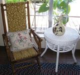 Antique Oak Platform Rocker and White Wicker Ocassional Table Displaying a Handpainted Gourd