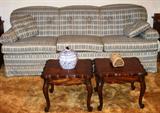 Pennsylvania House Blue Plaid Custom Upholstered 3 Cushion Sofa 
2 solid Wood Small Square End Tables with Cabriole legs