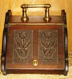 Antique Victorian Wooden Coal Bin.  Solid English oak throughout this wonderfully carved piece benefits from a brass loop handle and a splendid relief carved top handle.