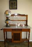 Antique Tile Back Marble Top Wash Stand with a Single Door Lower Cabinet