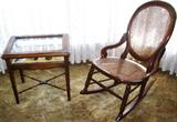 Butler Lift Top Show Case Display Table with stick/ball cross stretcher.  
Antique Rocker with Cane Seat and Oval Cane Back