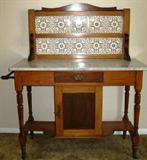 Antique Marble Top Washstand with Tile Back with Single Door Lower Cabinet