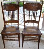 Antique Rabbit Ear Spindle Press Back Oak w/Cane Bottom Chairs (2 each)