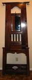 Antique Hall Tree with Iron Hat/coat Hooks, Bevel Center Mirror, Lift Top Storage Box, Umbrella Stands on each side, Complete with Metal Drip Trays