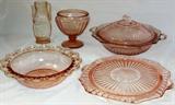 Collection of Pink Depression Era Glass:  Small Vase,  Cabbage Rose Candy Dish without lid, Cabbage Rose Covered Vegetable/Casserole, Old Colony Lace Edge Vegetable Bowl, Footed Tab Handle Cabbage Rrose Cake Plate