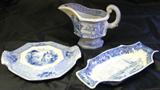 Antique Blue Transferware: Gravy/Sauce Boat, Trivet and Copeland Spode Oval Dish