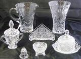 Cut Crystal Collection: Rose Design Water Pitcher, Vase, Pinwheel Design Triangle Napkin Holder, Covered pedestal Sugar Bowl w/Spoon Slot, Avon Small Dome Butter Dish, Footed Master Salt Cellar & Miniature Crystal Bell