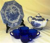Blue Transferware Spode "Woman at the Well" Dinner Plate,  Teapot and 5 Cobalt Blue Glass Cups