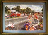 Laurie Whitehead, Friendswood Artist, Signed Framed Print depicting waiting on the 4th July Parade in Friendswood.