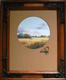 Original Oil on Canvas extended onto the round Wheat Matting and framed in a solidoak frame with applied corner decoration (overall 15" x 18")