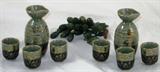 Hand Painted Glazed Shadow Cut Pottery Japanese Sake Set (8 pcs)