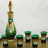 Venetian Glass Decanter Set:  Forest Green Blown GLass with Heavy Gold Trim and Applied Porcelain Floret
