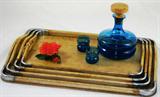 Set of 4 wood Chrome Trim Serving Trays
Blown glass Turquoise Decanter with 2 Liqueur Shots
