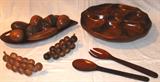 Teak Wood Collection: Leaf Tray w/carved Fruit, Divided Lazy Susan, Grape Clusters, Salad Fork & Spoon