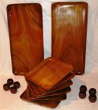 Teak Collection: 2 Large Trays (21" x 10"), Set 6 Square 10" Dinner Plates, Napkin Rings (24 Total)