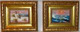 Hand Painted Seascapes on Board (4" x 3") with Gold Leaf Frame