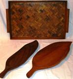 Teak Serving Tray & 2 Leay Shaped Serving Trays (20"x 6" & 22" x 8")