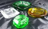 Ashtrays: Vintage Free Form Green Art Glass, Free Form Amber Art Glass, Square Crystal and a Green Crystal Trinket Box
