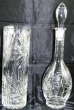 Cut Crystal Cylindrical Cut Glass Vase with Matching Decanter